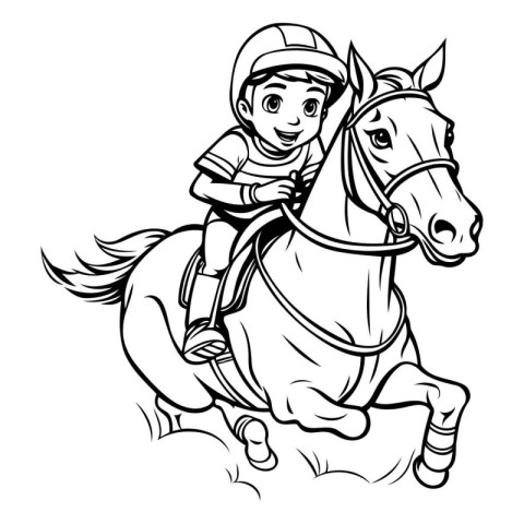 Cute little girl riding a horse. monochrome vector illustration