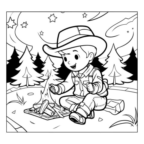 Black and White Cartoon Illustration of Kid Boy Camping in the F