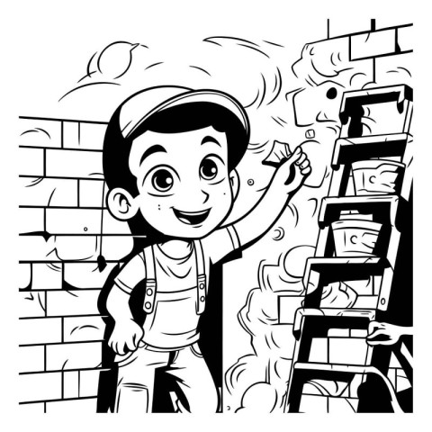 Black and White Cartoon Illustration of Kid Boy Repairing a Wall