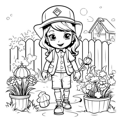 Coloring Page Outline Of a Cute Girl in the Garden