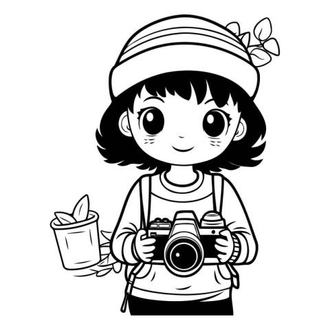 cute little girl with camera and coffee cup cartoon vector illus