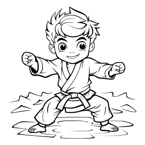 Black and White Cartoon Illustration of Kid Practicing Karate fo