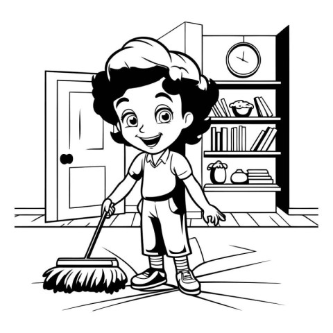 Cute boy with broom cleaning the house cartoon vector illustrati