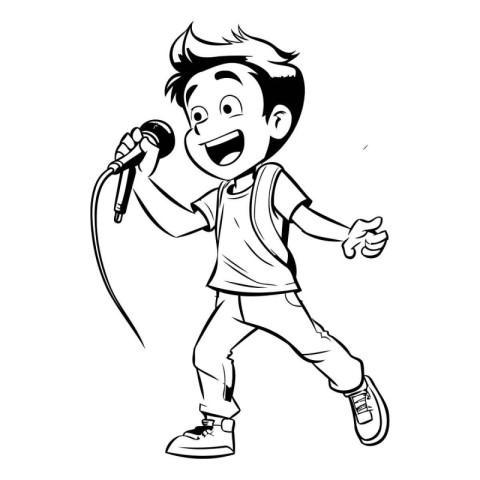 Cartoon boy singing with microphone. Black and white vector illu