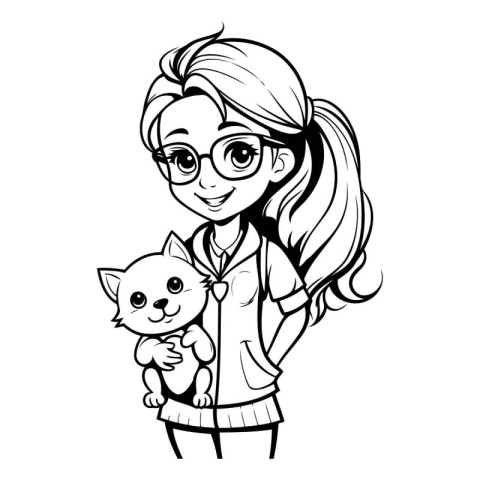 Black and White Cartoon Illustration of Cute Girl Holding Cat fo