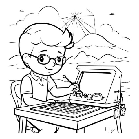 Black and White Cartoon Illustration of Boy Using a Laptop for C