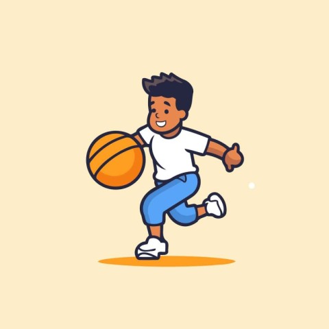 Cartoon boy playing basketball. Vector illustration in a flat st