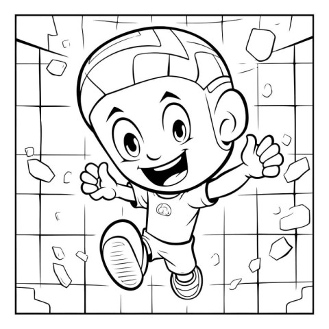 Black and White Cartoon Illustration of a Kid Boy Jumping or Run