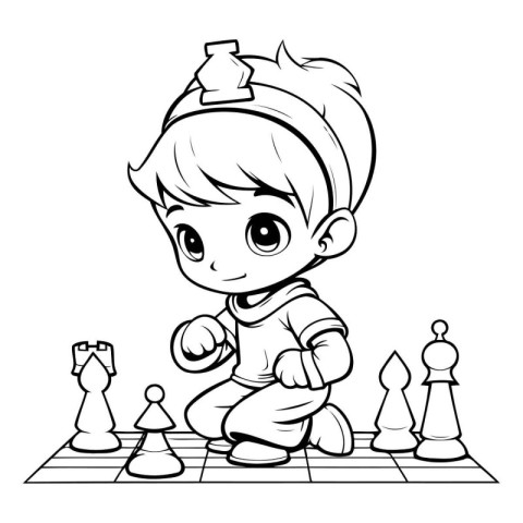 Little boy playing chess. Black and white vector illustration fo