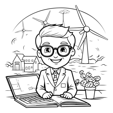 Black and White Cartoon Illustration of Businessman with Laptop