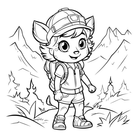 Black and White Cartoon Illustration of Cute Little Boy Scout or