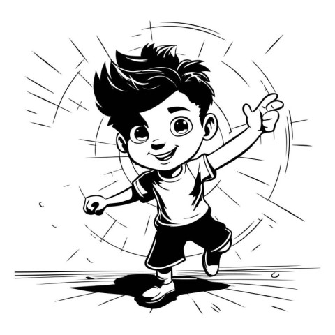 Vector illustration of a boy running. Black and white image of a