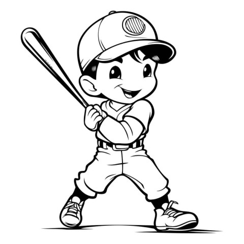 Baseball Player - Black and White Cartoon Illustration. Vector.