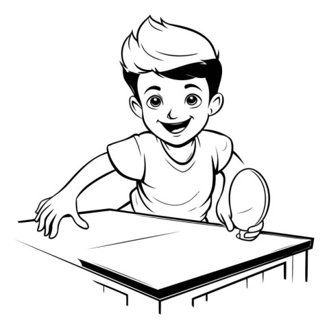 Cute boy with a table. Black and white vector illustration.