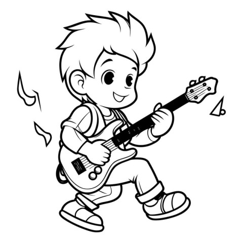 Boy Playing Guitar - Black and White Cartoon Illustration. Isola