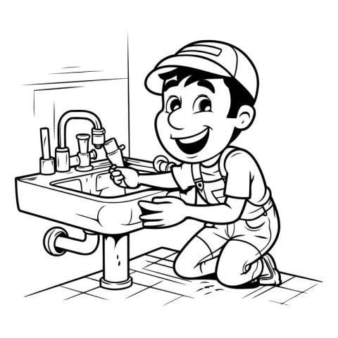 Plumber - Black and White Cartoon Illustration of a Plumber Repa