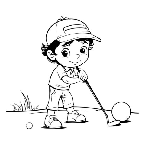 Illustration of a Little Boy Playing Golf - Black and White Cart