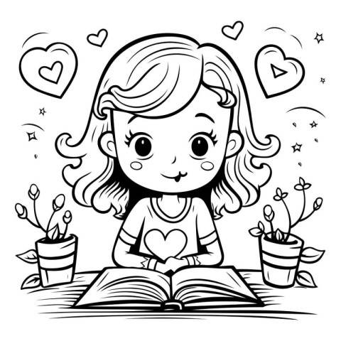 Girl reading a book. Black and white vector illustration for col