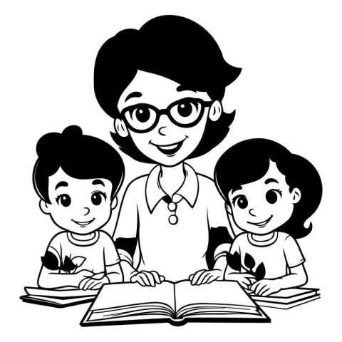 Family mother reading a book with her kids cartoon vector illust