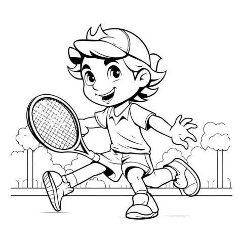 Black and White Cartoon Illustration of a Kid Playing Tennis Col