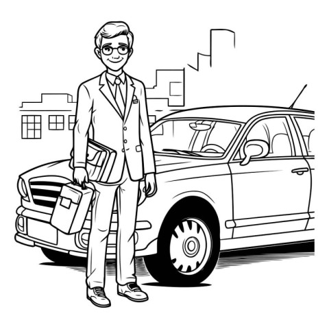 Vector illustration of a man with a briefcase standing near his