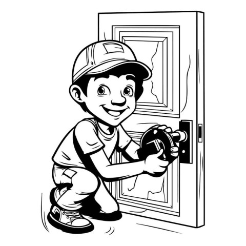 Black and white illustration of a boy opening a door with a scre