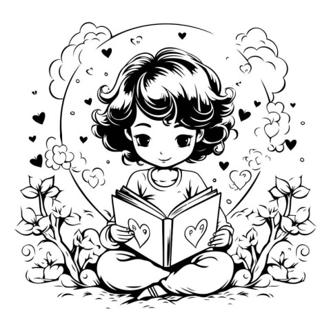 Cute little girl reading a book. Black and white vector illustra