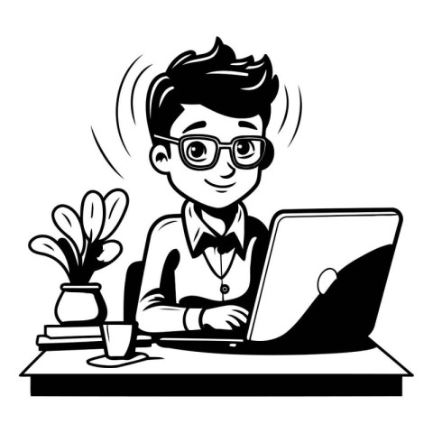 Businessman working on laptop at office. Vector illustration in