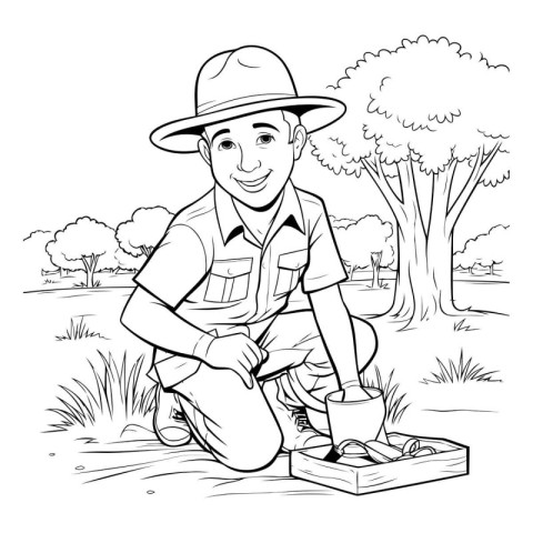 Outdoor gardening boy coloring page vector illustration for adul