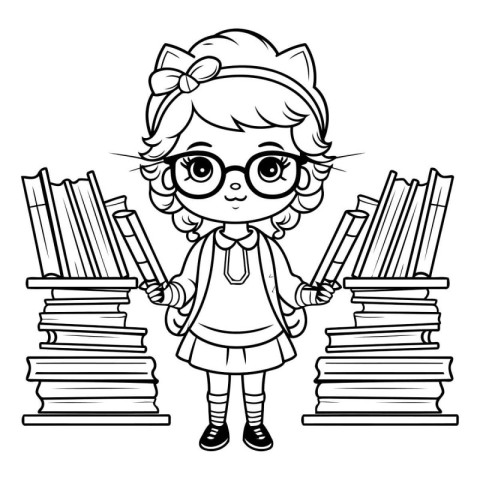 Vector illustration of Cute little girl in glasses standing near