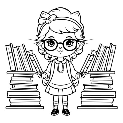 Vector illustration of Cute little girl in glasses standing near
