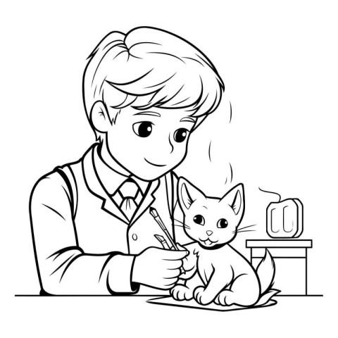 Black and white illustration of a boy with a cat. Cartoon style.