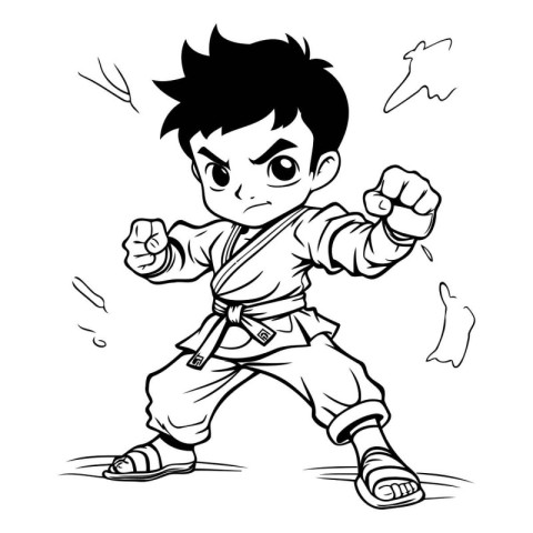 Karate Boy - Black and White Cartoon Illustration of a Karate Bo