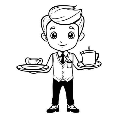 Illustration of a waiter holding a tray with a cup of coffee