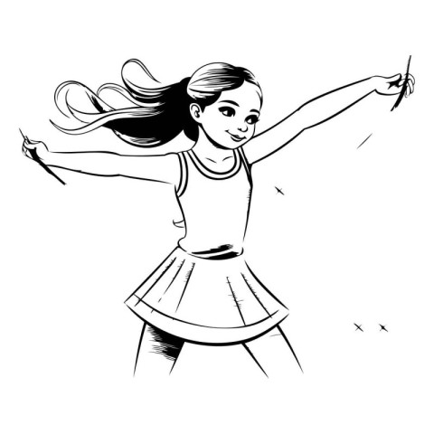 Beautiful young girl dancing. Vector illustration in black and w