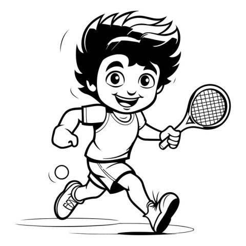 Black and White Cartoon Illustration of Kid Playing Tennis Color