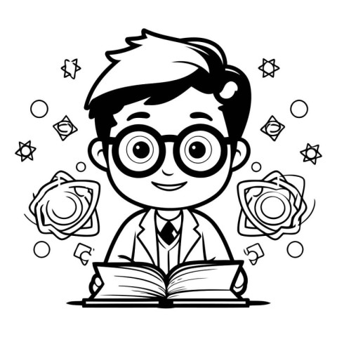 Black and White Cartoon Illustration of a Boy Student Reading a