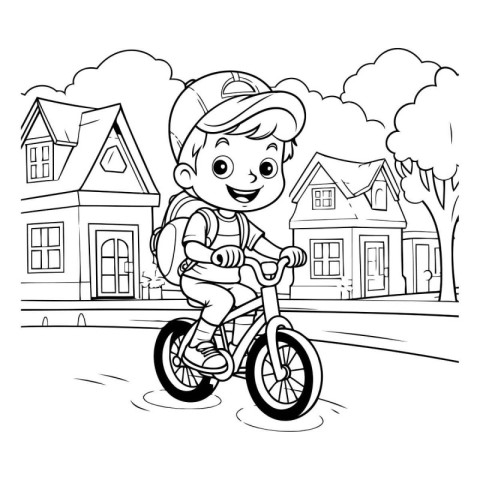 Coloring Page Outline Of a Little Boy Riding a Bicycle in the Ci