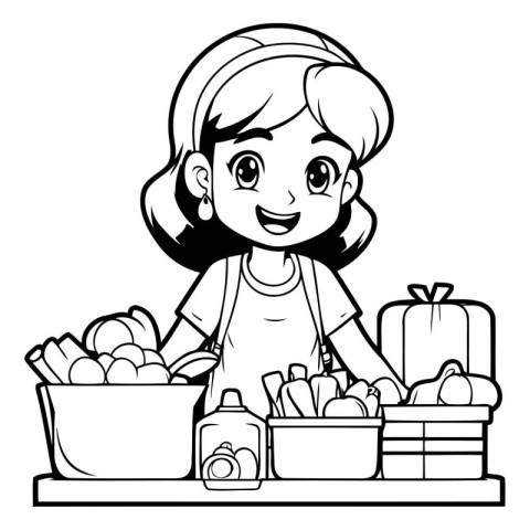 Girl with Healthy Food - Black and White Cartoon Illustration. V