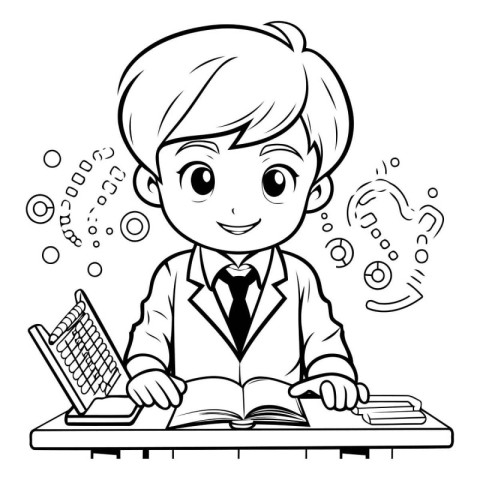 Black and White Cartoon Illustration of Kid Boy Studying or Lear