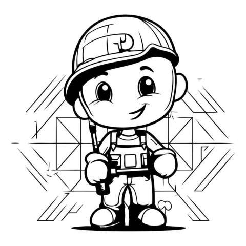 Black and White Cartoon Illustration of Cute Little Boy Construc