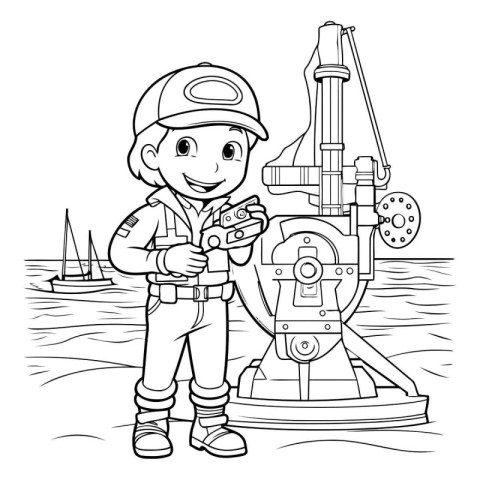 Coloring Page Outline Of a Kid Boy with a Submarine