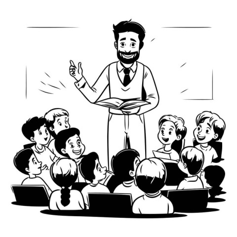 Teacher with students in the classroom. Black and white vector i