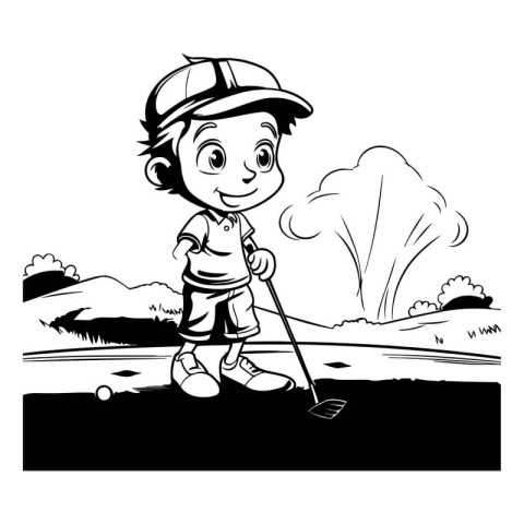 Illustration of a Little Boy Playing Golf - Black and White Cart