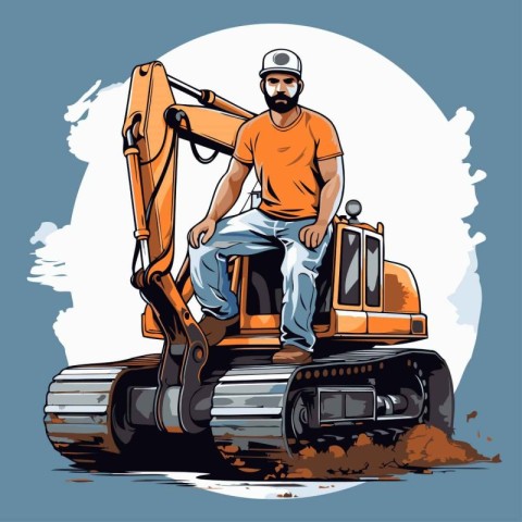 Worker with excavator. Vector illustration of a construction wor