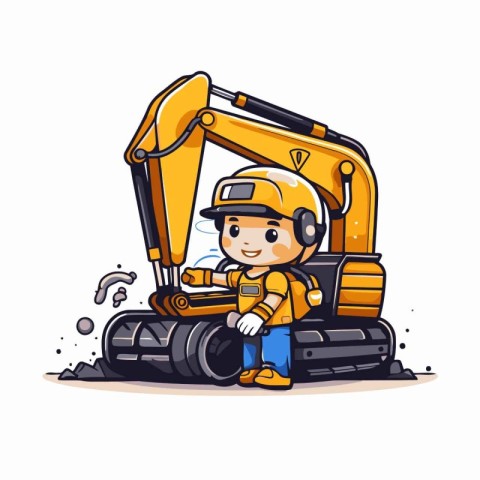 Cute cartoon construction worker with excavator. Vector illustra