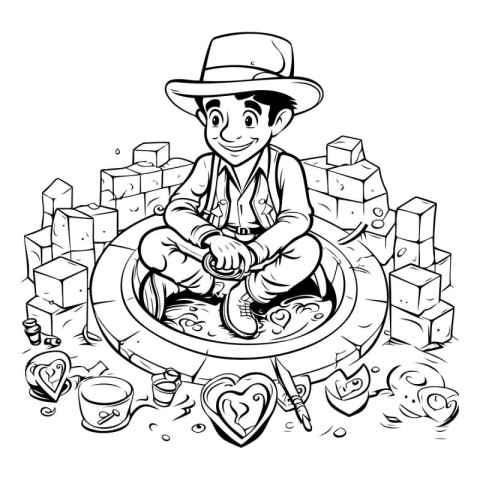 Vector illustration of a boy in a hat and glasses sitting in a b