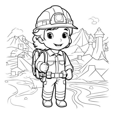 Black and White Cartoon Illustration of Cute Little Boy Builder