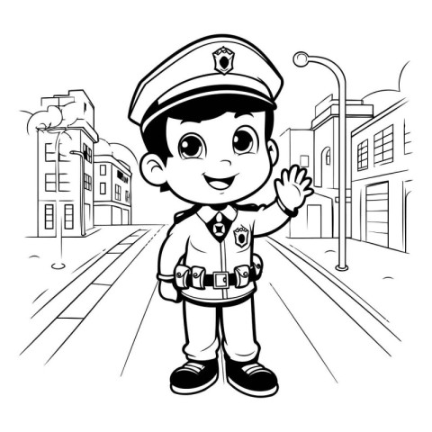 Black and White Cartoon Illustration of Little Boy Police Office