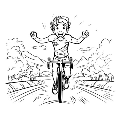 Cyclist riding a bike in the countryside. Vector illustration.